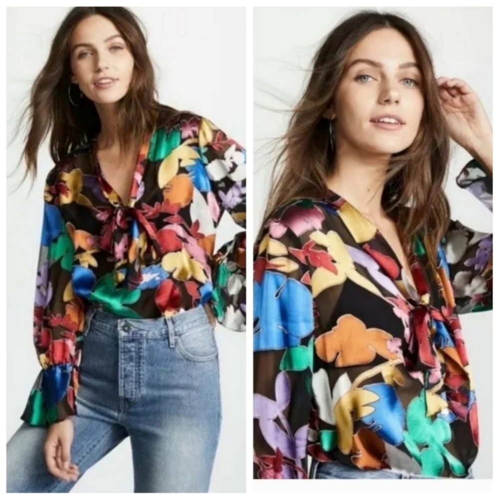 Alice + Olivia Floral Satin Blouse in Black with Multicolor Prints